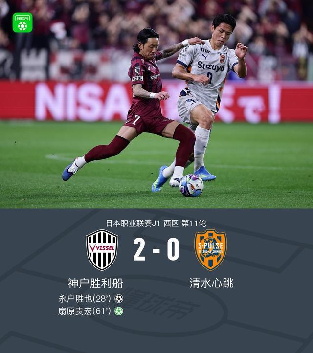 皇冠体育-神户胜利船2-0清水心跳，永户胜也建功，扇原贵宏点射